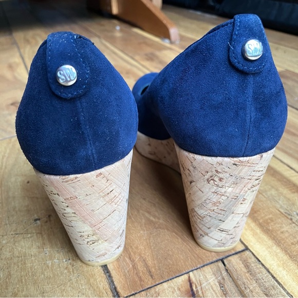 Stuart Weitzman Corkswoon Navy Blue Designer Wedges Size 7.5 - Picture 10 of 15